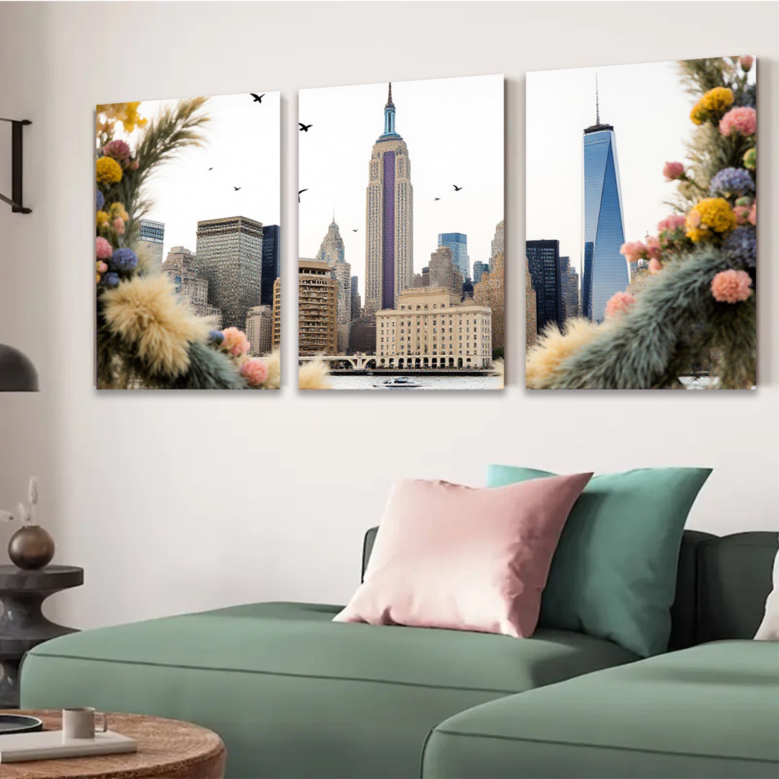 2D flat 1pc New York City skyline framed by vibrant floral bouquet modern farmhouse wall art living room bedroom decor canvas prints inspirational artwork