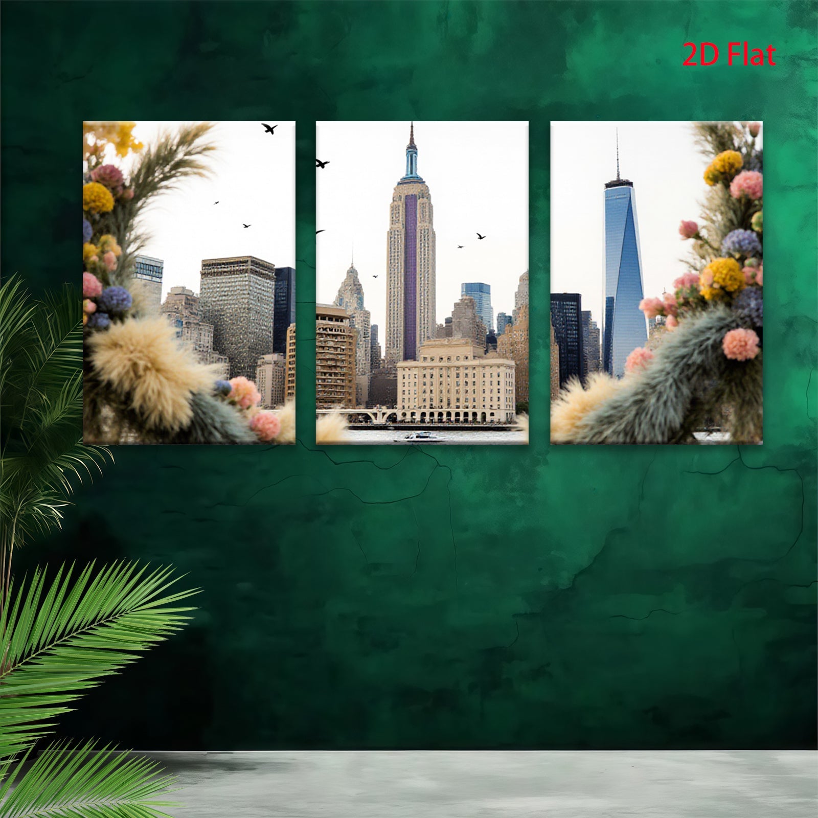 2D flat 1pc New York City skyline framed by vibrant floral bouquet modern farmhouse wall art living room bedroom decor canvas prints inspirational artwork
