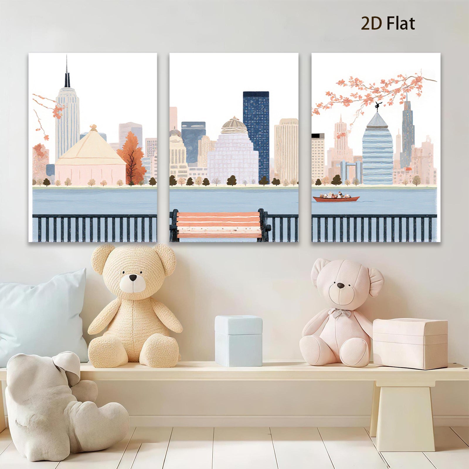 2D flat 1pc New York City skyline park bench view modern wall art for living room bedroom home decor farmhouse style canvas prints