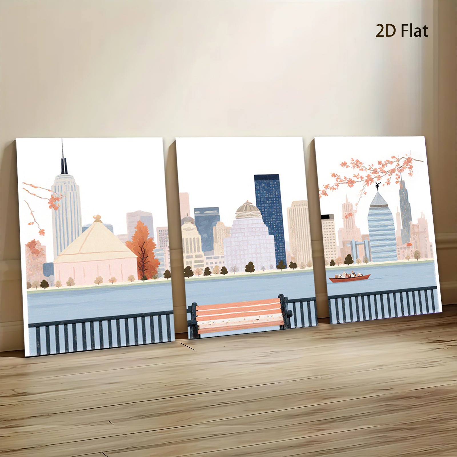 2D flat 1pc New York City skyline park bench view modern wall art for living room bedroom home decor farmhouse style canvas prints