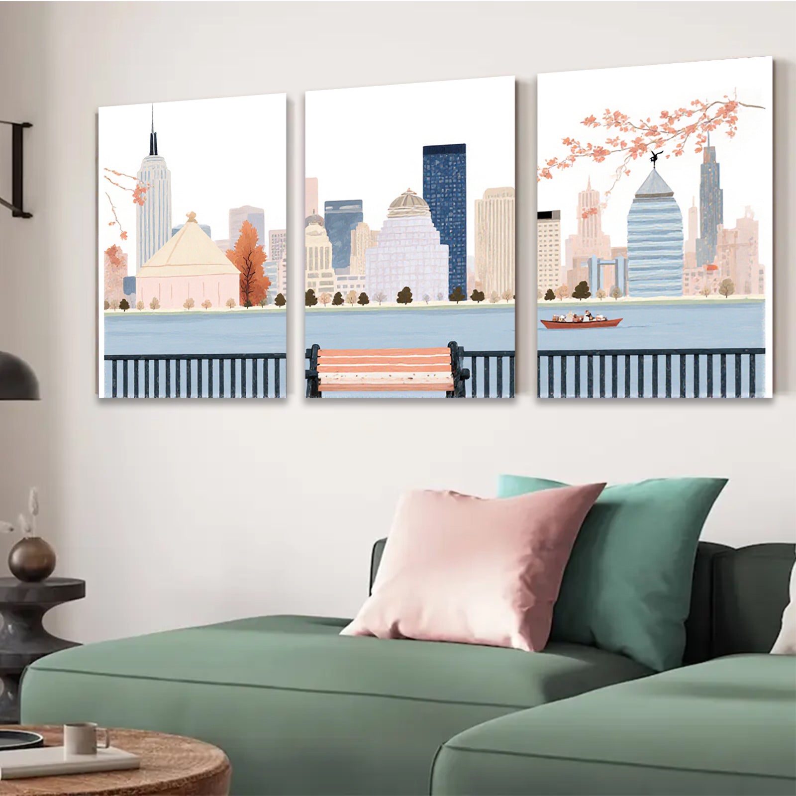 2D flat 1pc New York City skyline park bench view modern wall art for living room bedroom home decor farmhouse style canvas prints