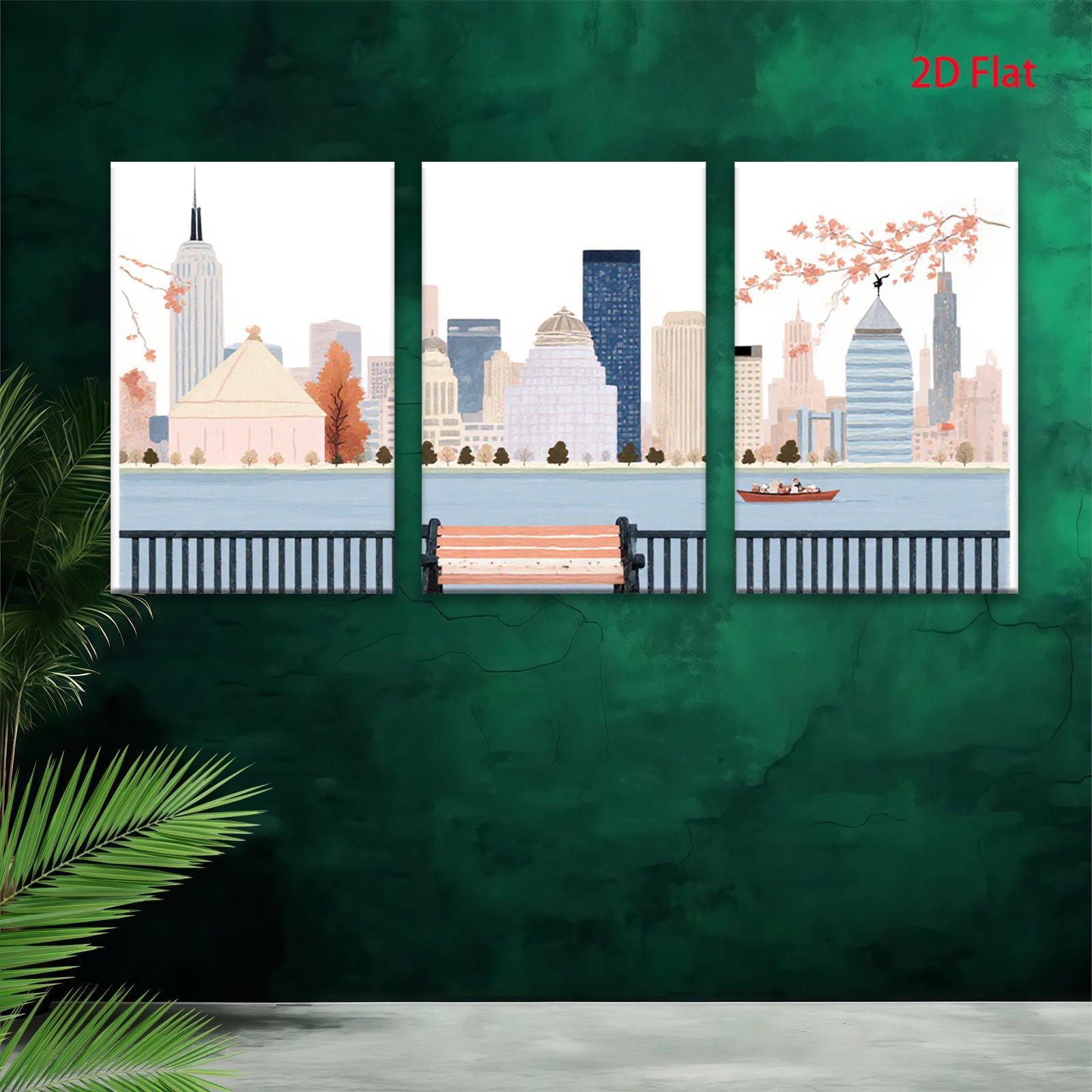 2D flat 1pc New York City skyline park bench view modern wall art for living room bedroom home decor farmhouse style canvas prints