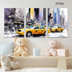 2D flat 1pc New York City taxi cabs bustling through winter streets vibrant wall decor living room bedroom office modern farmhouse style