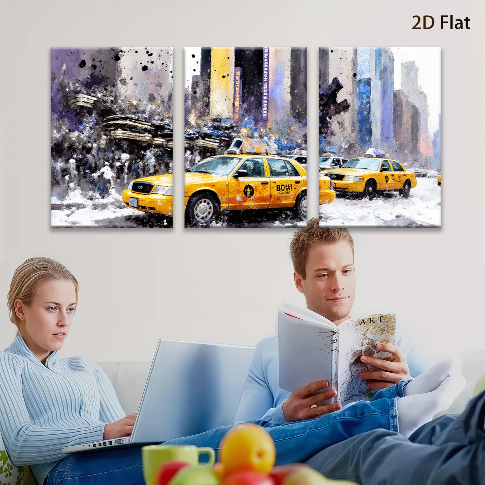 2D flat 1pc New York City taxi cabs bustling through winter streets vibrant wall decor living room bedroom office modern farmhouse style