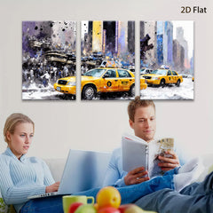 2D flat 1pc New York City taxi cabs bustling through winter streets vibrant wall decor living room bedroom office modern farmhouse style