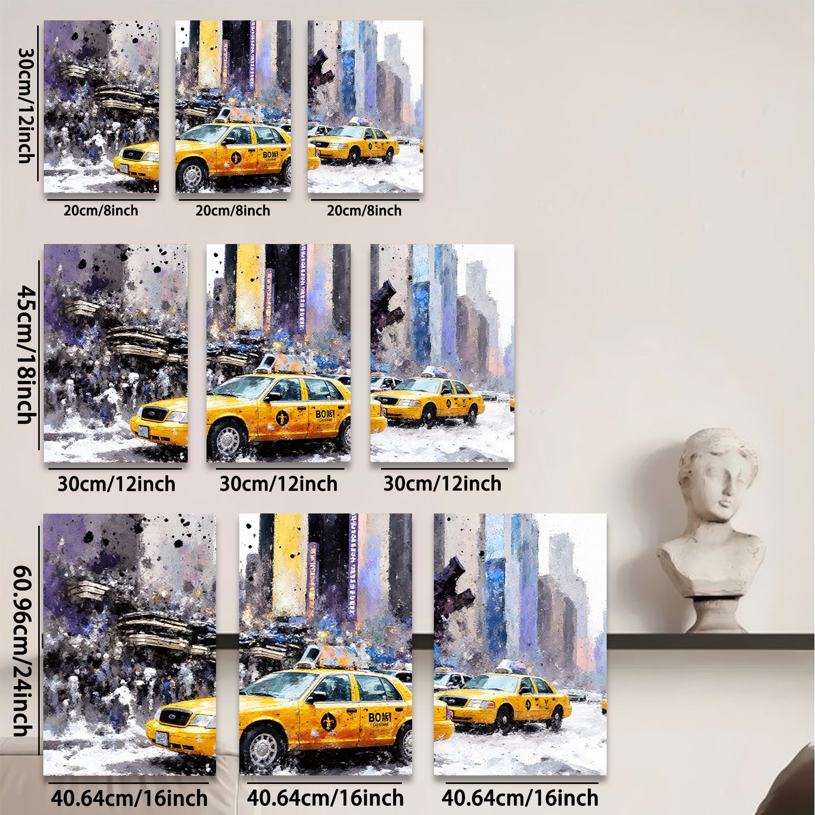 2D flat 1pc New York City taxi cabs bustling through winter streets vibrant wall decor living room bedroom office modern farmhouse style