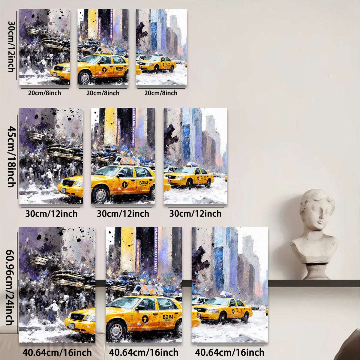 2D flat 1pc New York City taxi cabs bustling through winter streets vibrant wall decor living room bedroom office modern farmhouse style