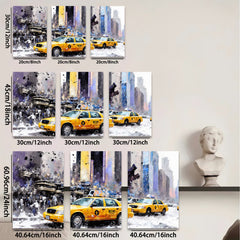 2D flat 1pc New York City taxi cabs bustling through winter streets vibrant wall decor living room bedroom office modern farmhouse style