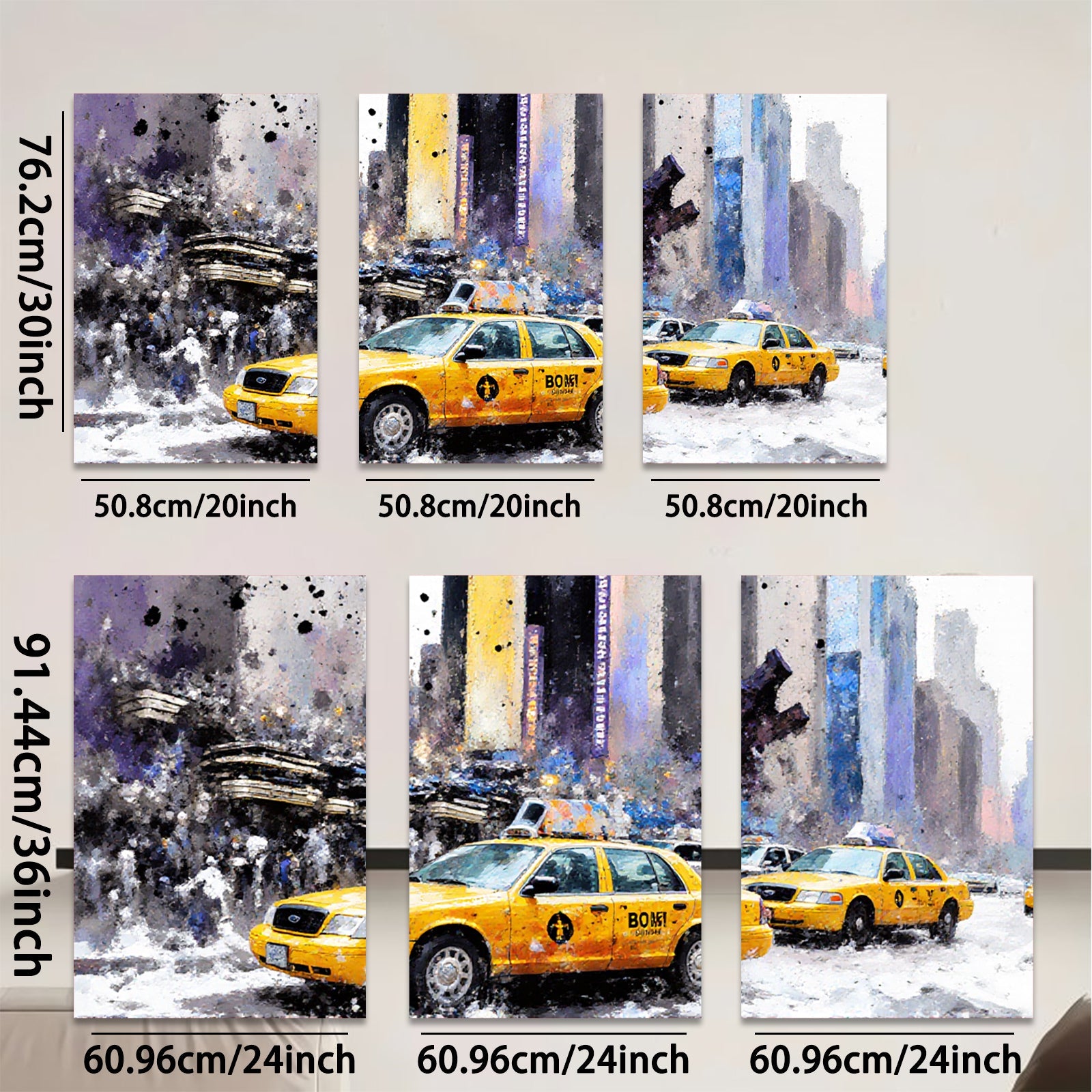 2D flat 1pc New York City taxi cabs bustling through winter streets vibrant wall decor living room bedroom office modern farmhouse style