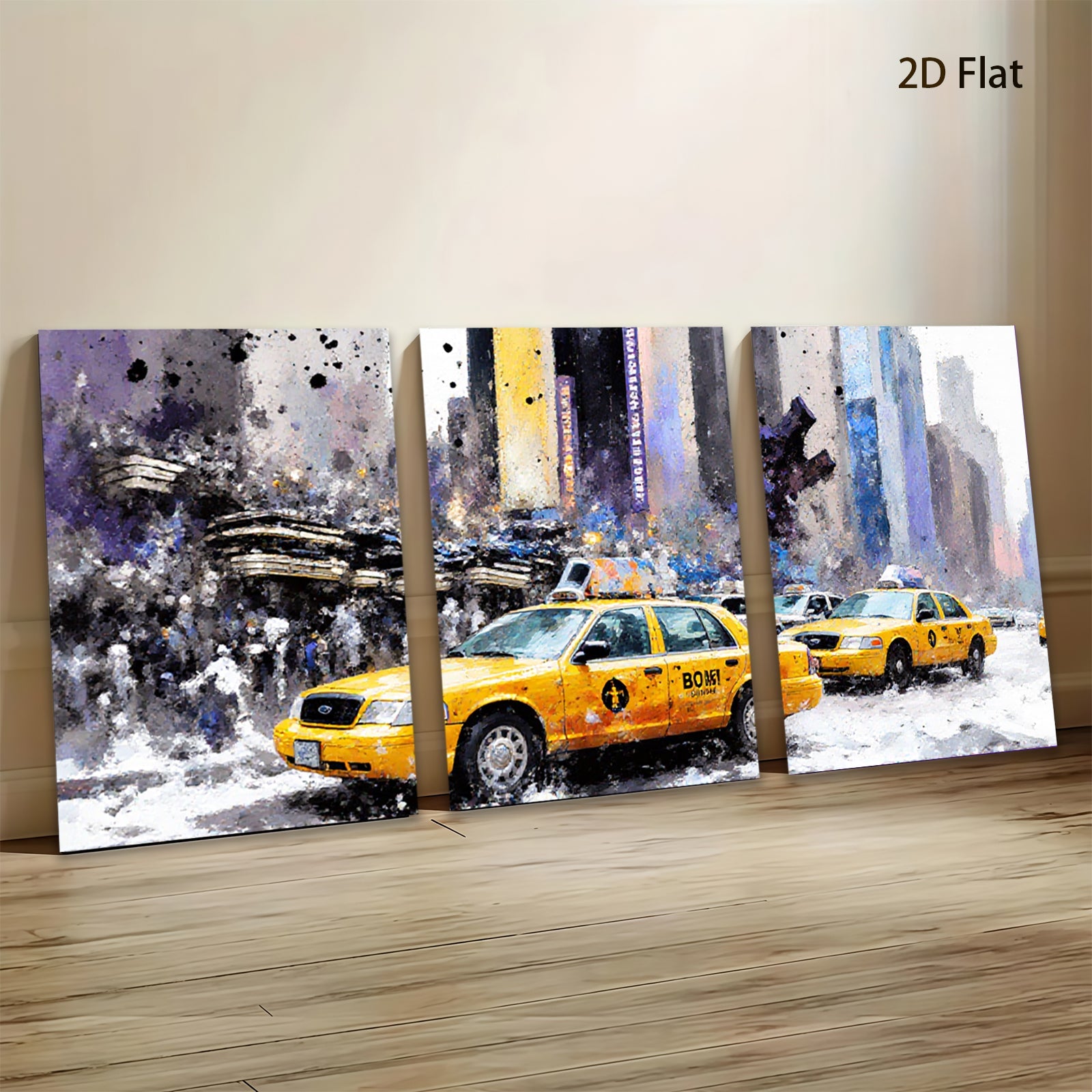 2D flat 1pc New York City taxi cabs bustling through winter streets vibrant wall decor living room bedroom office modern farmhouse style