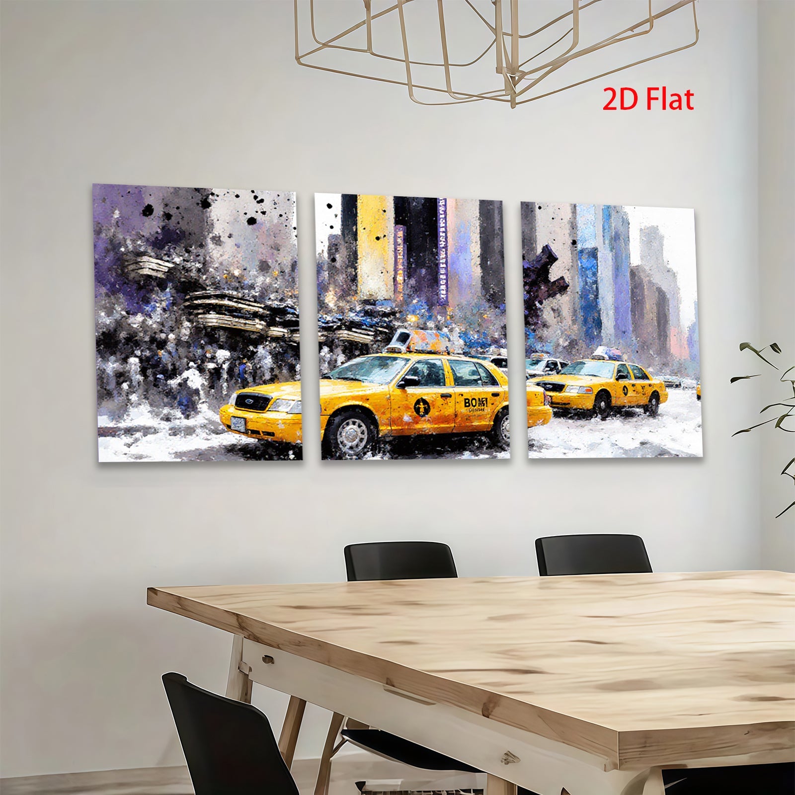 2D flat 1pc New York City taxi cabs bustling through winter streets vibrant wall decor living room bedroom office modern farmhouse style
