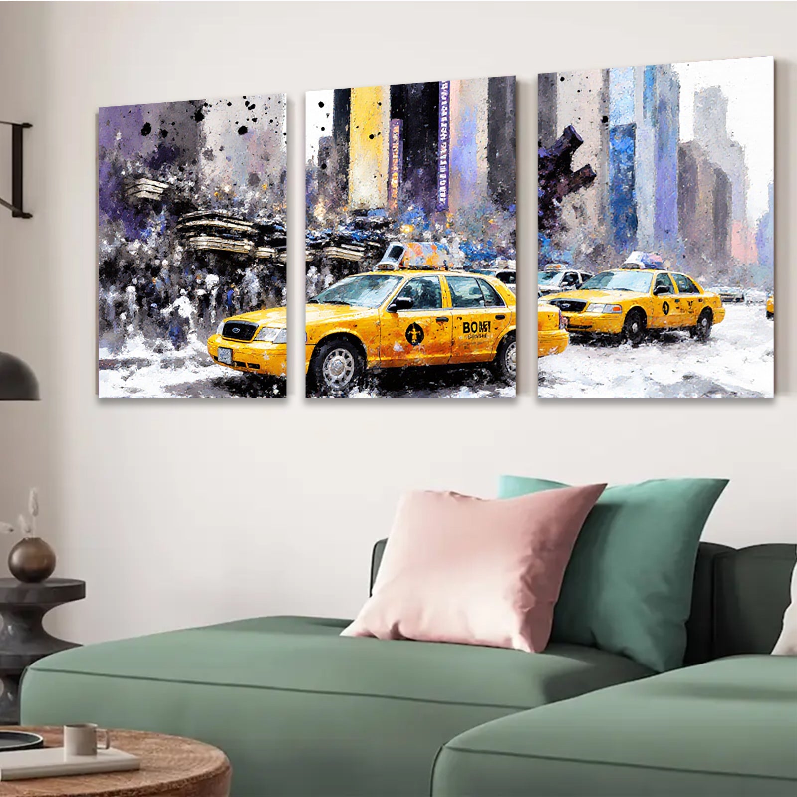 2D flat 1pc New York City taxi cabs bustling through winter streets vibrant wall decor living room bedroom office modern farmhouse style