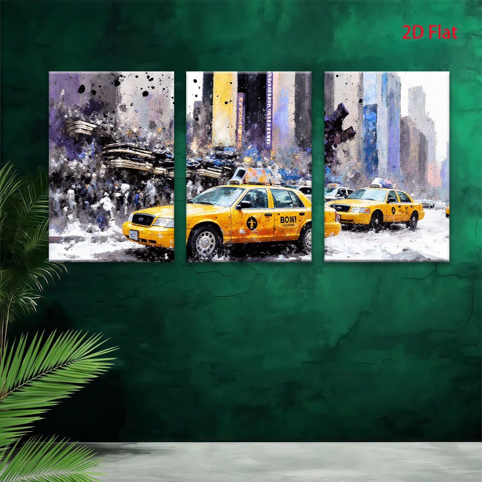 2D flat 1pc New York City taxi cabs bustling through winter streets vibrant wall decor living room bedroom office modern farmhouse style