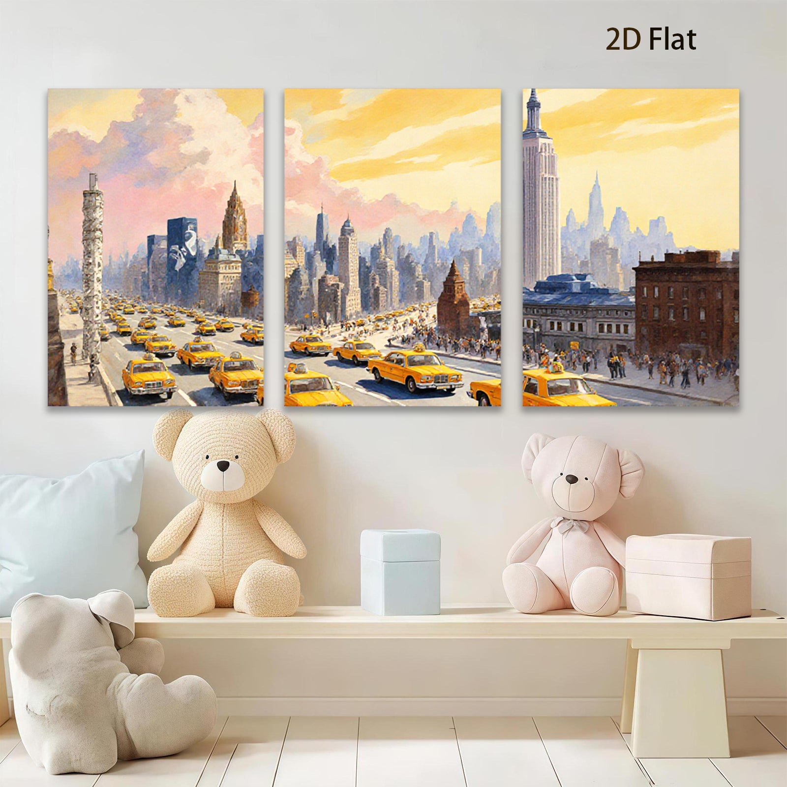 2D flat 1pc New York City taxi street view vibrant city life wall art decor for living room bedroom office modern farmhouse style