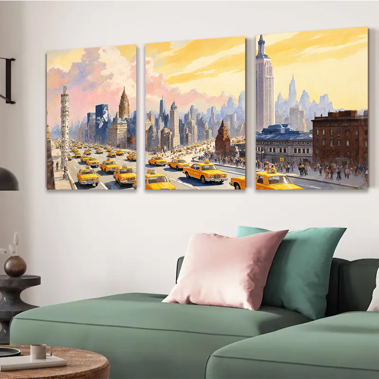 2D flat 1pc New York City taxi street view vibrant city life wall art decor for living room bedroom office modern farmhouse style