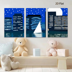 2D flat 1pc Night Sailing Cityscape Modern Wall Art Canvas Prints for Living Room Bedroom Office Decor Farmhouse Style Gallery Wrapped Ready to Hang