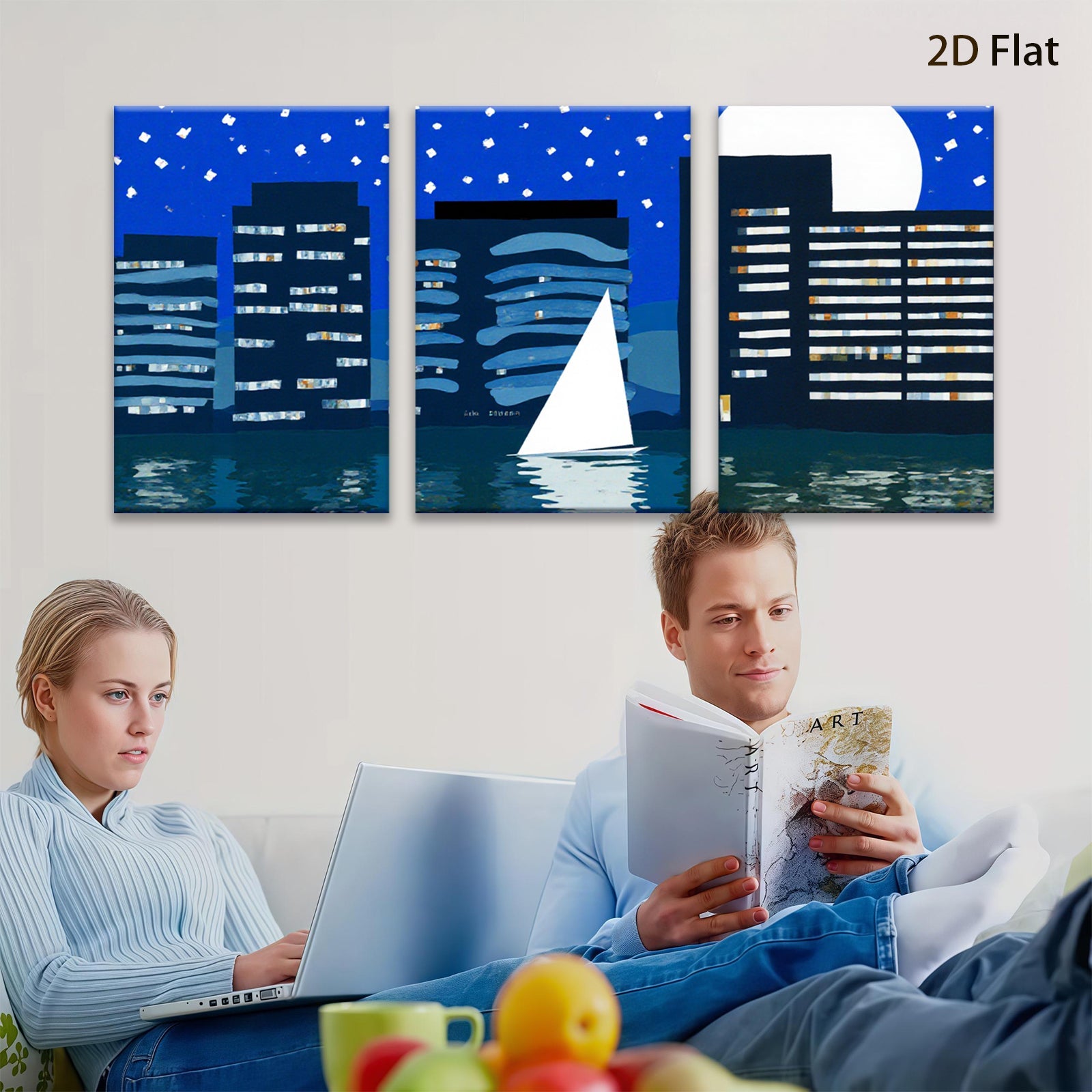 2D flat 1pc Night Sailing Cityscape Modern Wall Art Canvas Prints for Living Room Bedroom Office Decor Farmhouse Style Gallery Wrapped Ready to Hang