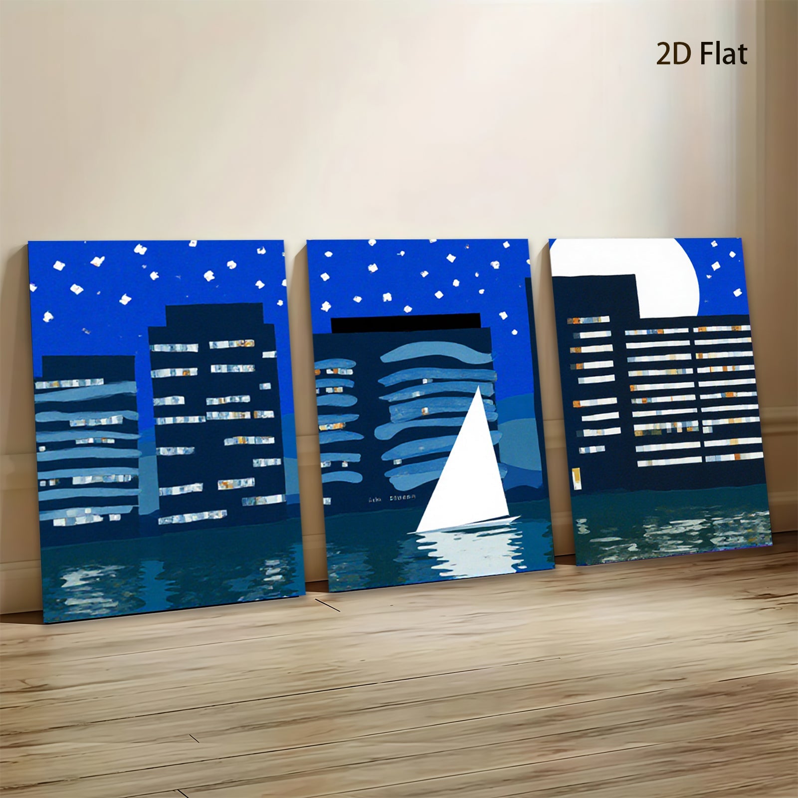 2D flat 1pc Night Sailing Cityscape Modern Wall Art Canvas Prints for Living Room Bedroom Office Decor Farmhouse Style Gallery Wrapped Ready to Hang