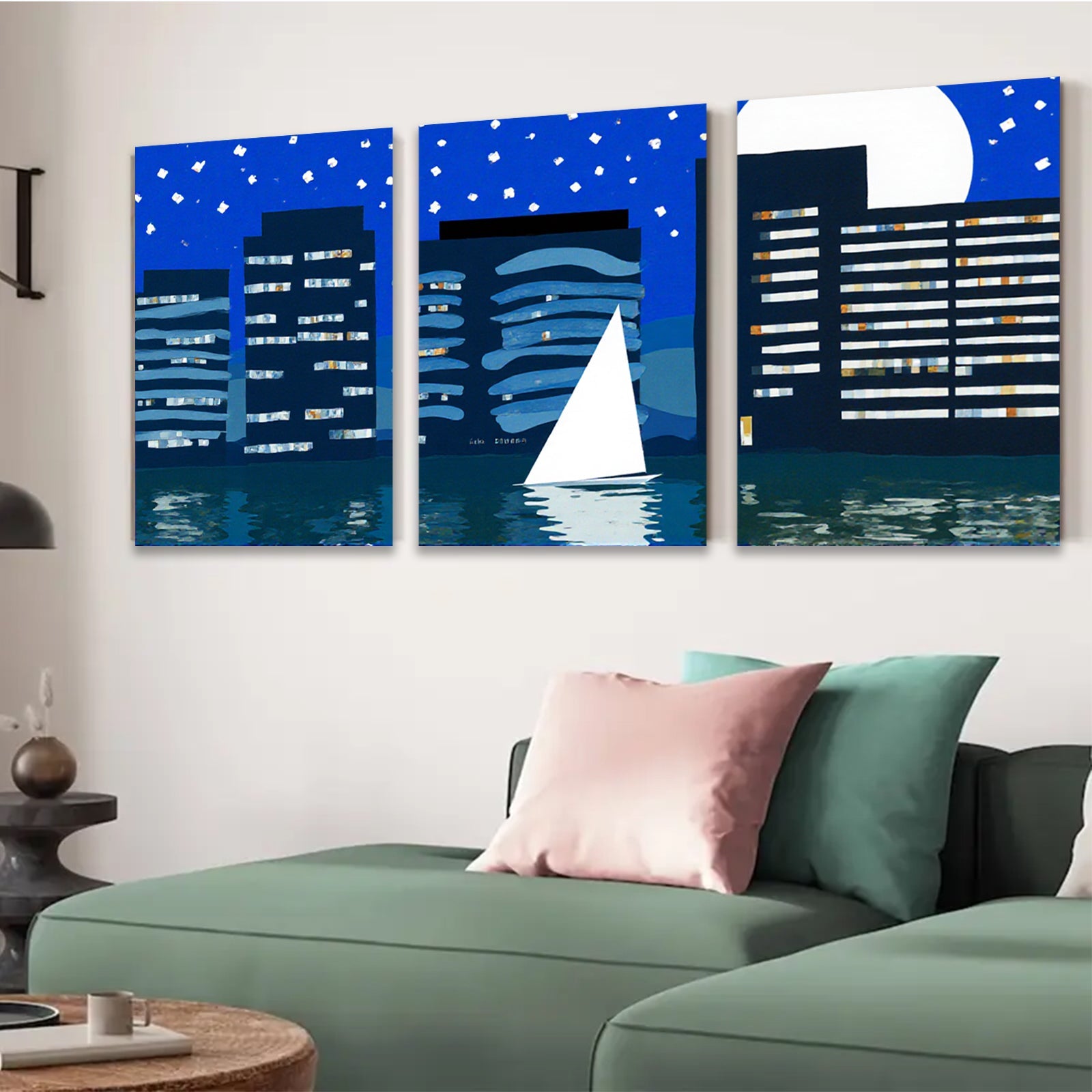 2D flat 1pc Night Sailing Cityscape Modern Wall Art Canvas Prints for Living Room Bedroom Office Decor Farmhouse Style Gallery Wrapped Ready to Hang