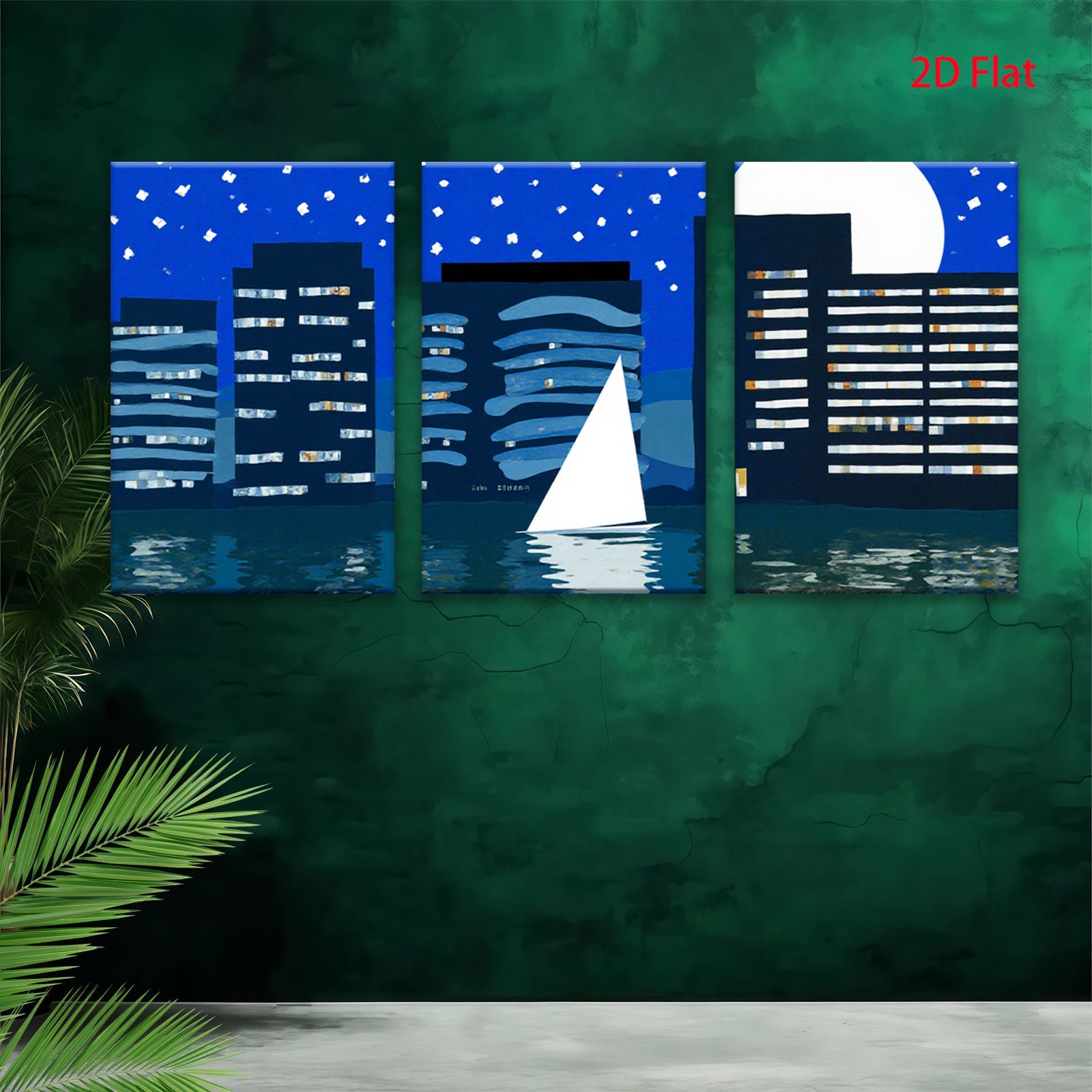 2D flat 1pc Night Sailing Cityscape Modern Wall Art Canvas Prints for Living Room Bedroom Office Decor Farmhouse Style Gallery Wrapped Ready to Hang