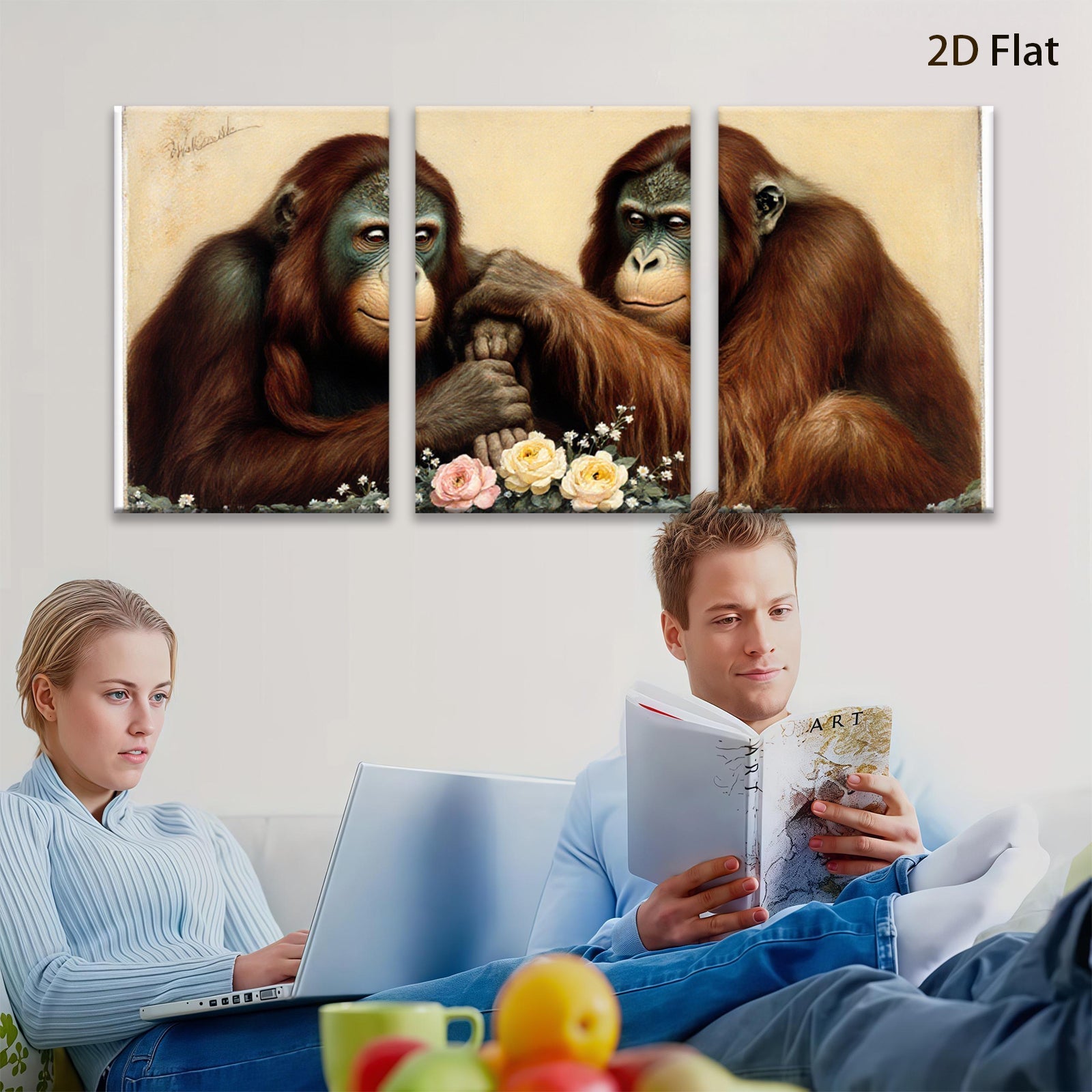 2D flat 1pc Orangutan Pair Portrait Animal Wildlife Canvas Wall Art Decor Living Room Bedroom Modern Farmhouse Gallery Wrapped Ready to Hang