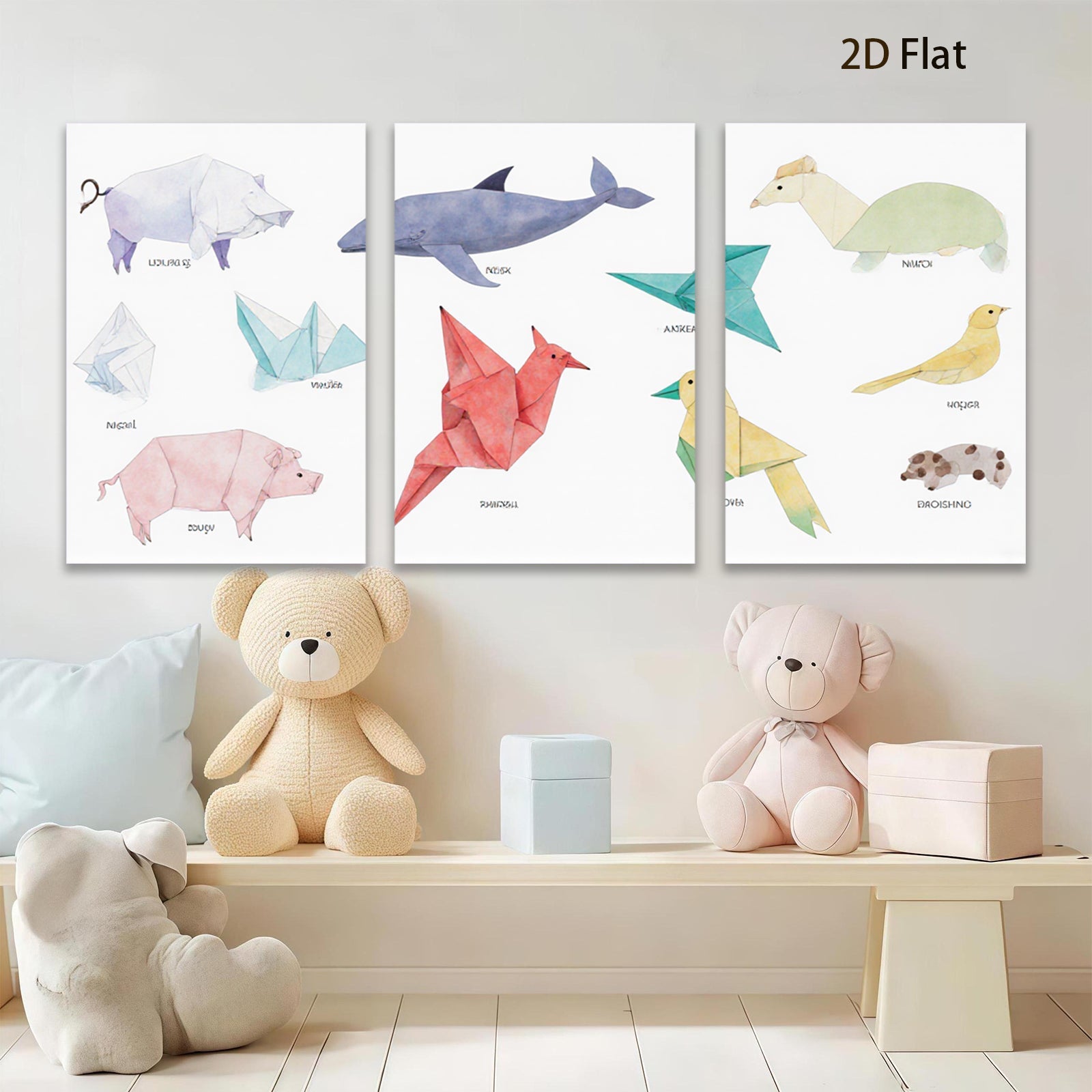 2D flat 1pc Origami Animal Collection Whimsical Wall Art Kids Room Decor Modern Farmhouse Gallery Wrapped Canvas Prints Bedroom Living Room Decor