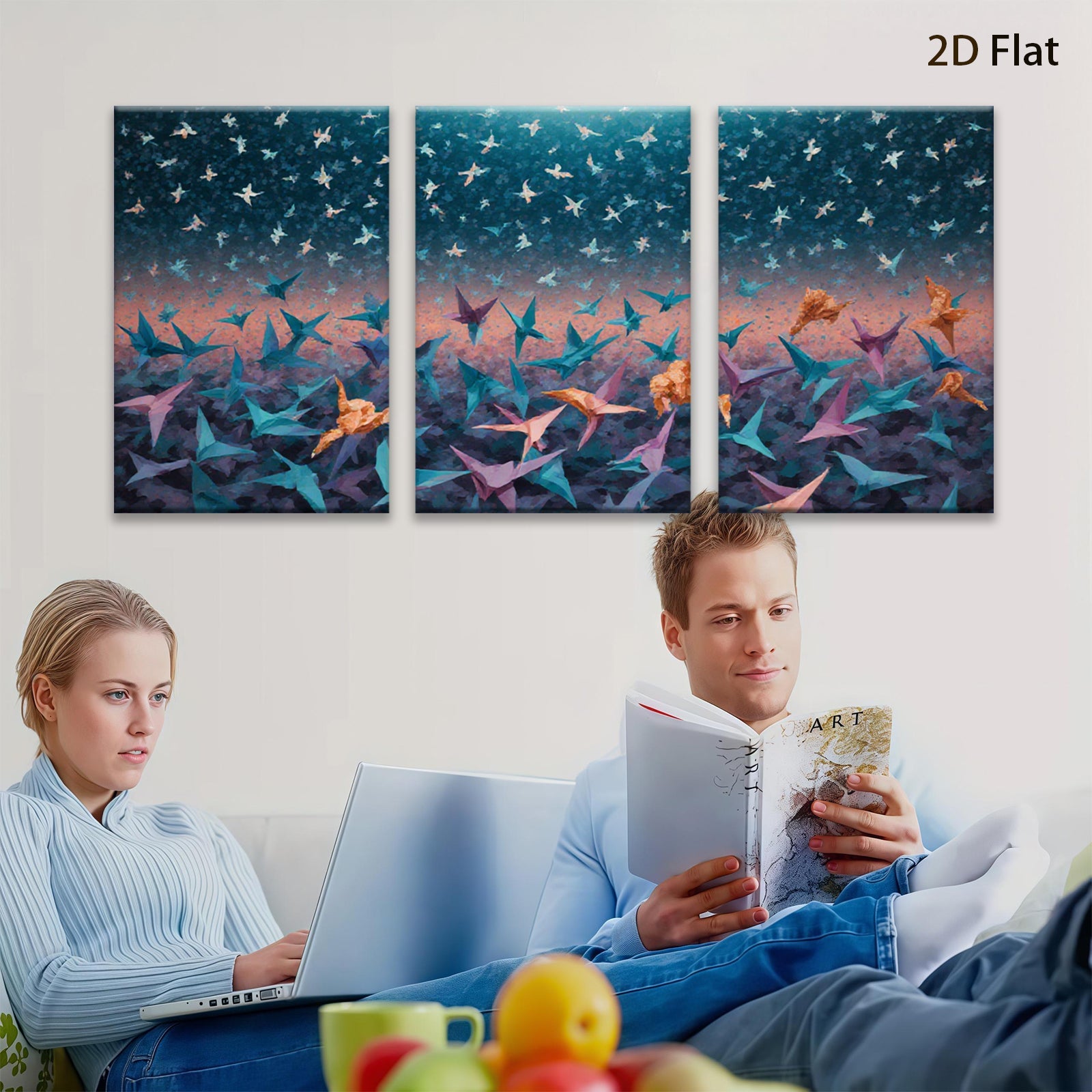 2D flat 1pc Origami Cranes Flight Abstract Wall Art Decor Living Room Bedroom Modern Farmhouse Canvas Prints Gallery Wrapped Ready to Hang Teal Purple
