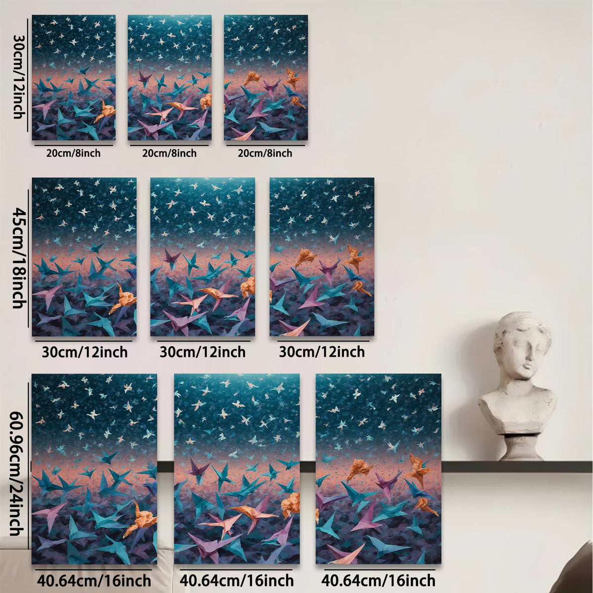 2D flat 1pc Origami Cranes Flight Abstract Wall Art Decor Living Room Bedroom Modern Farmhouse Canvas Prints Gallery Wrapped Ready to Hang Teal Purple