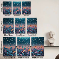 2D flat 1pc Origami Cranes Flight Abstract Wall Art Decor Living Room Bedroom Modern Farmhouse Canvas Prints Gallery Wrapped Ready to Hang Teal Purple