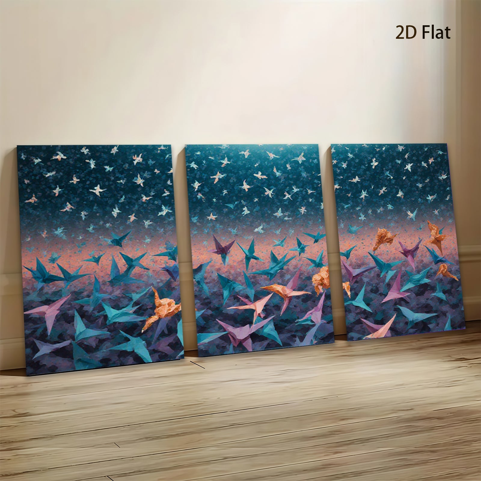 2D flat 1pc Origami Cranes Flight Abstract Wall Art Decor Living Room Bedroom Modern Farmhouse Canvas Prints Gallery Wrapped Ready to Hang Teal Purple
