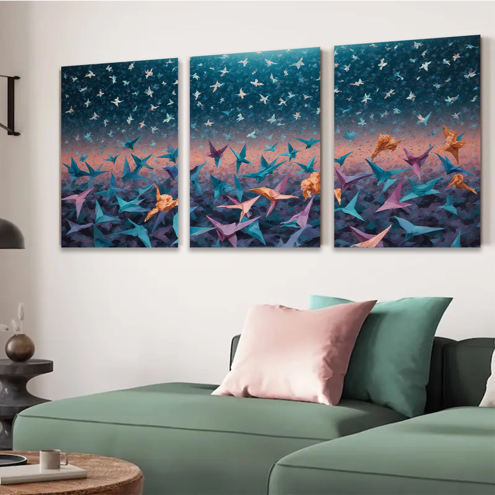 2D flat 1pc Origami Cranes Flight Abstract Wall Art Decor Living Room Bedroom Modern Farmhouse Canvas Prints Gallery Wrapped Ready to Hang Teal Purple