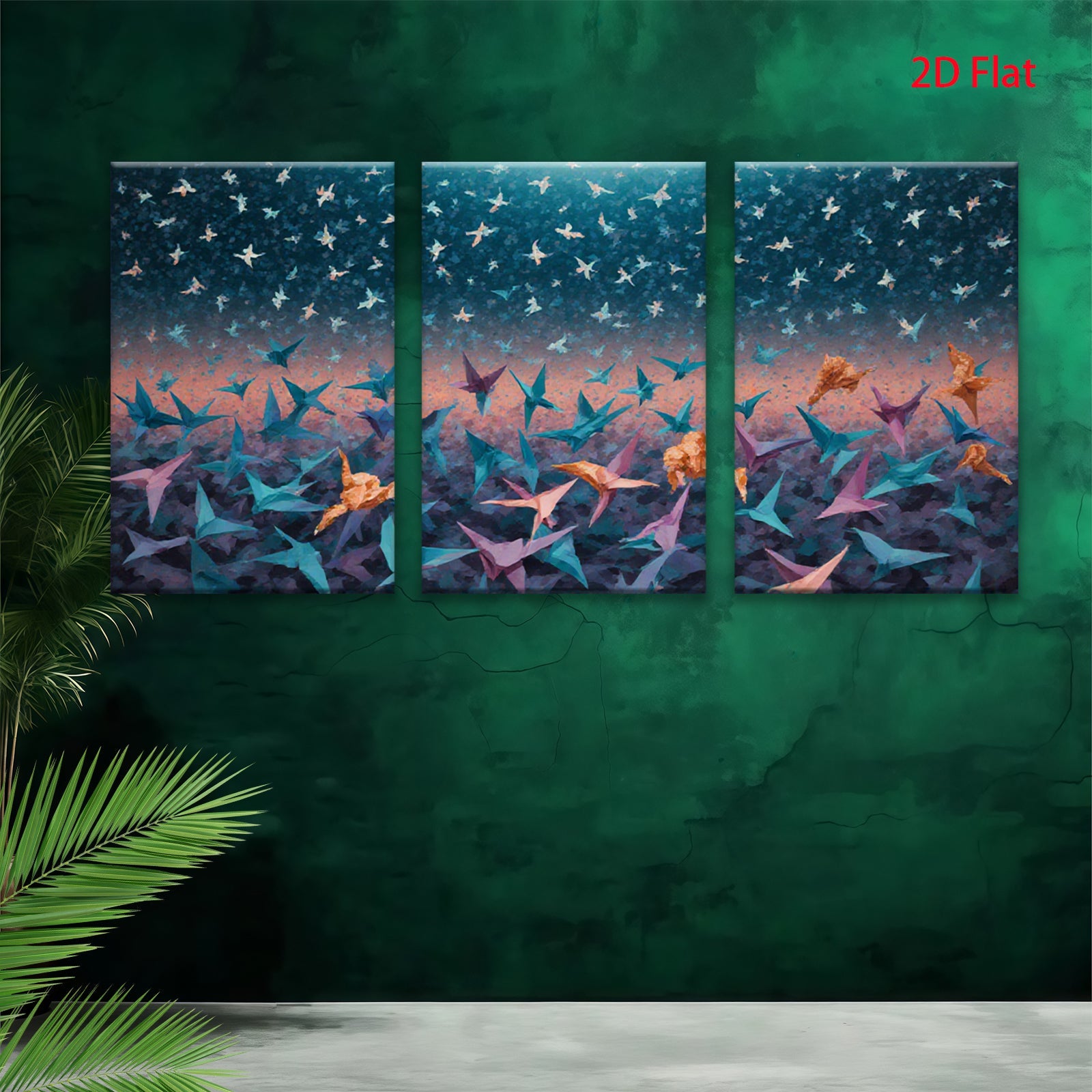 2D flat 1pc Origami Cranes Flight Abstract Wall Art Decor Living Room Bedroom Modern Farmhouse Canvas Prints Gallery Wrapped Ready to Hang Teal Purple