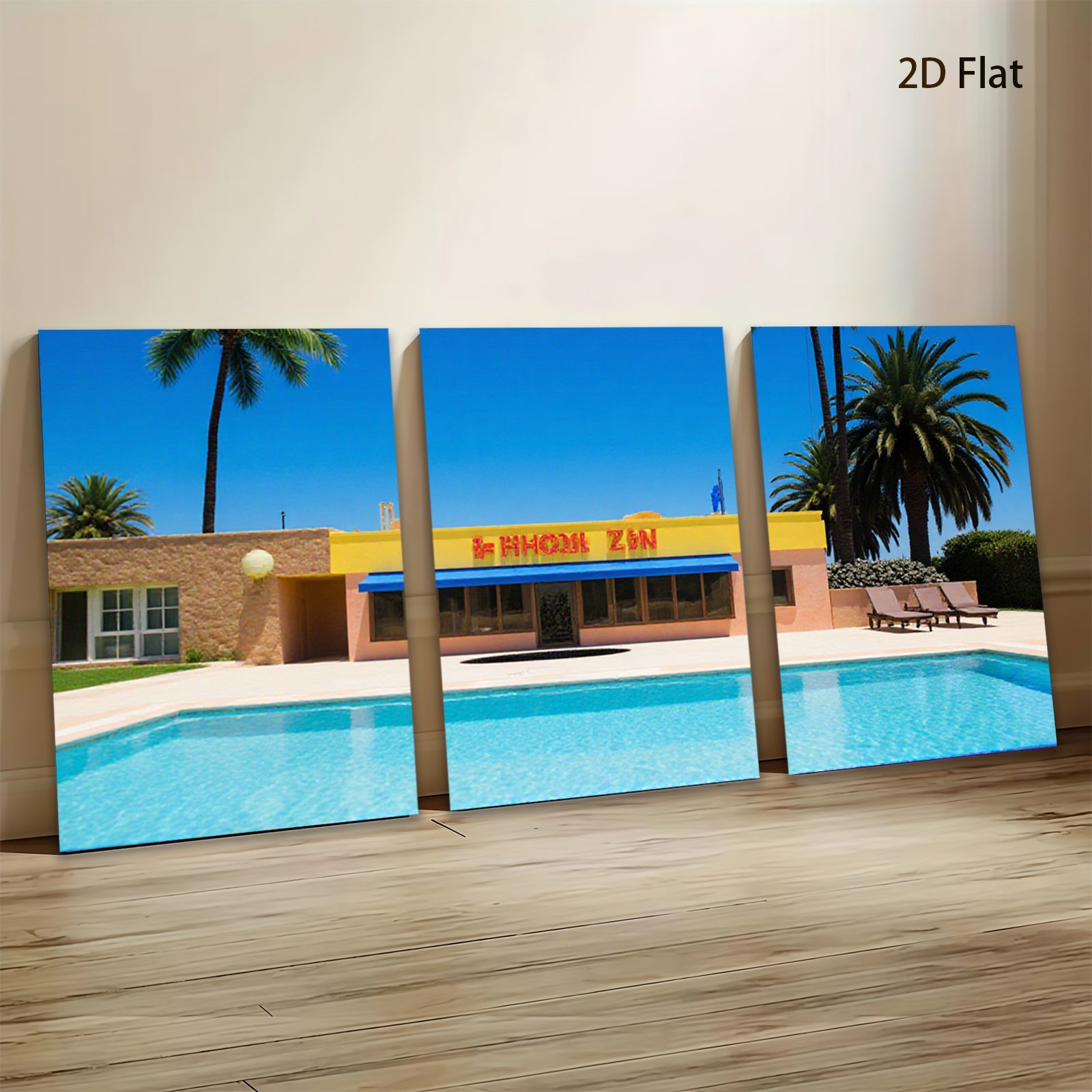 2D flat 1pc Palm Springs pool sunshine vibes modern wall art living room bedroom decor farmhouse style gallery wrapped canvas prints coastal retreat