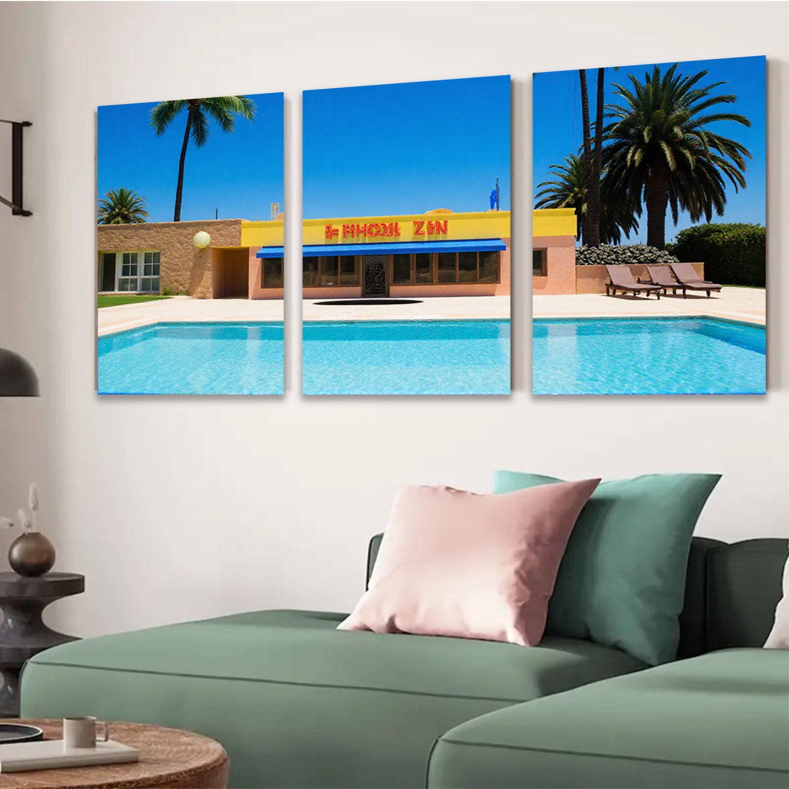 2D flat 1pc Palm Springs pool sunshine vibes modern wall art living room bedroom decor farmhouse style gallery wrapped canvas prints coastal retreat