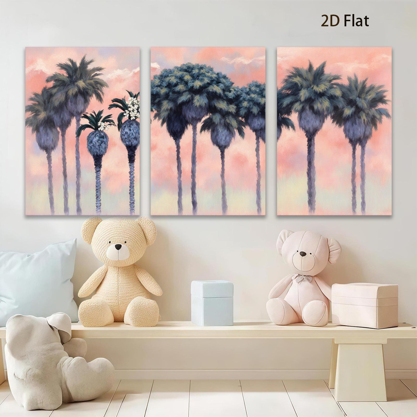 2D flat 1pc Palm Tree Sunset Coastal Beach Wall Art Living Room Bedroom Decor Modern Farmhouse Gallery Wrapped Canvas Prints Teal Blue