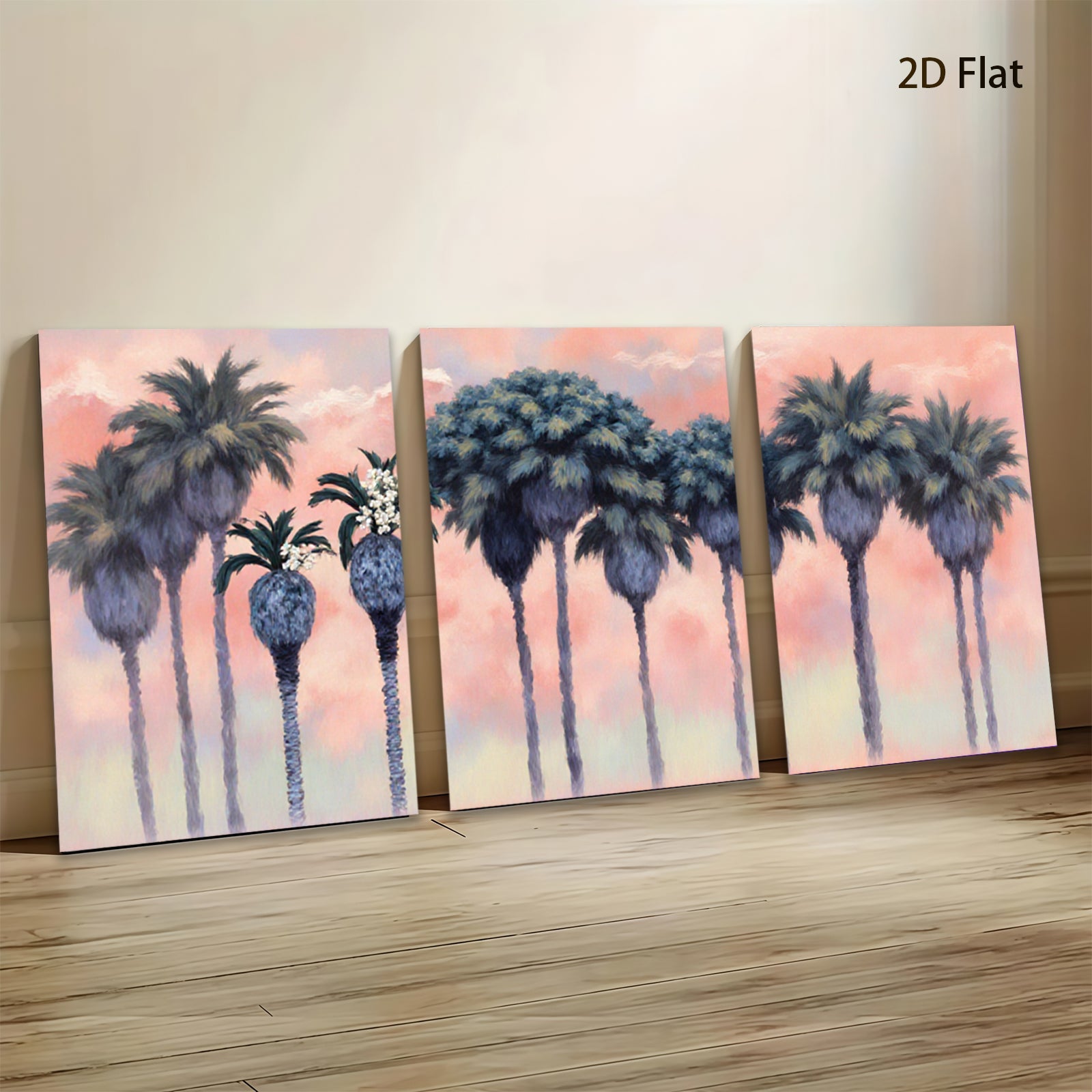 2D flat 1pc Palm Tree Sunset Coastal Beach Wall Art Living Room Bedroom Decor Modern Farmhouse Gallery Wrapped Canvas Prints Teal Blue