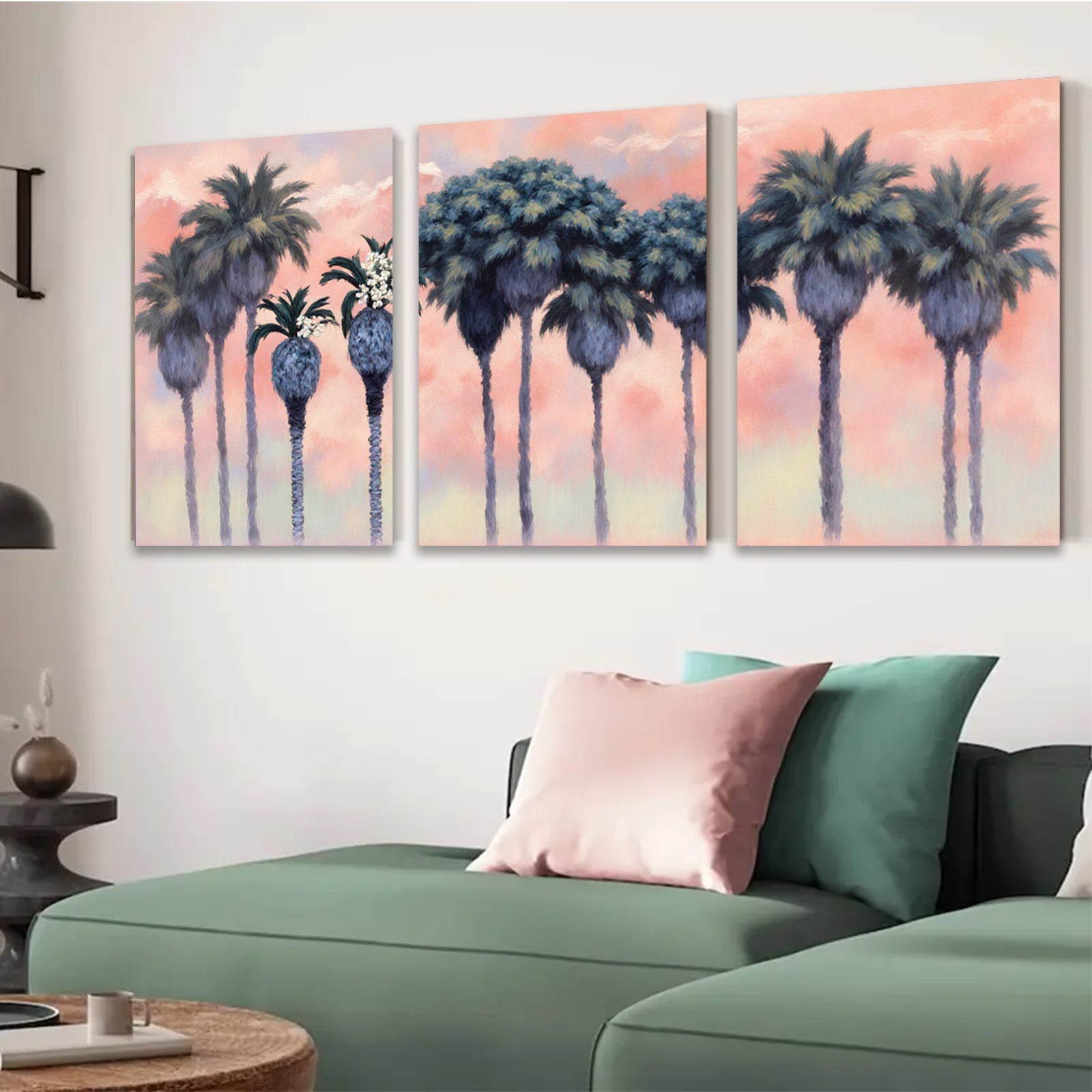 2D flat 1pc Palm Tree Sunset Coastal Beach Wall Art Living Room Bedroom Decor Modern Farmhouse Gallery Wrapped Canvas Prints Teal Blue