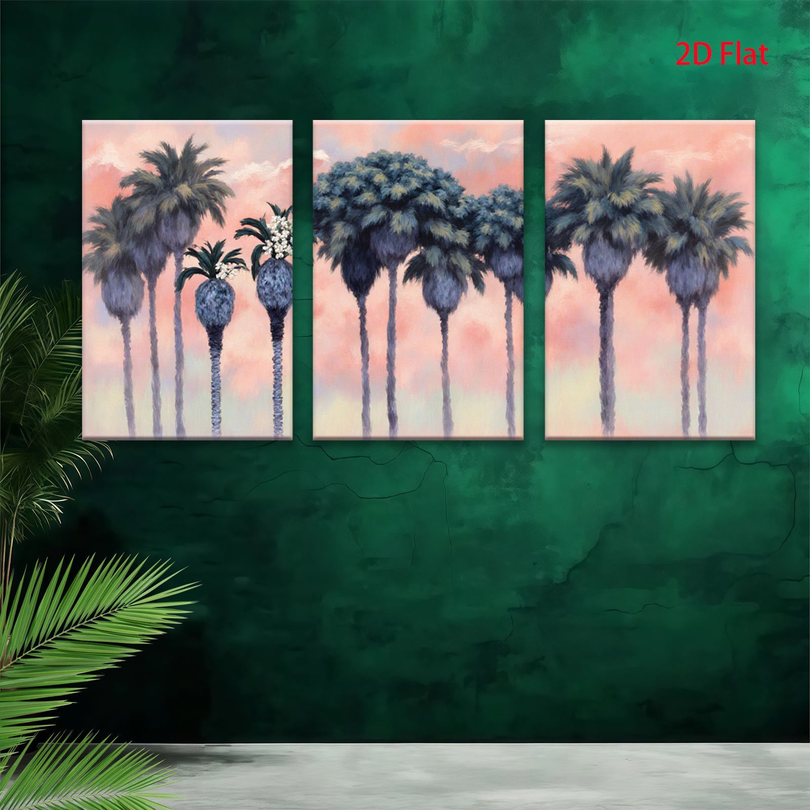 2D flat 1pc Palm Tree Sunset Coastal Beach Wall Art Living Room Bedroom Decor Modern Farmhouse Gallery Wrapped Canvas Prints Teal Blue