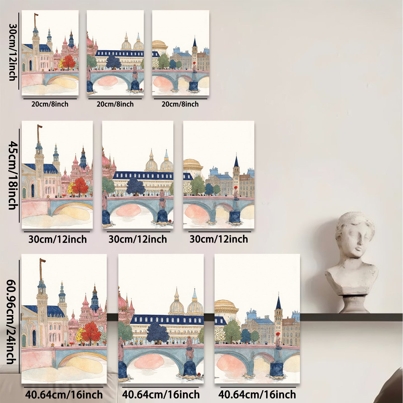 2D flat 1pc Paris Pont Neuf cityscape wall art for living room bedroom office modern farmhouse gallery wrapped canvas prints ready to hang botanical floral