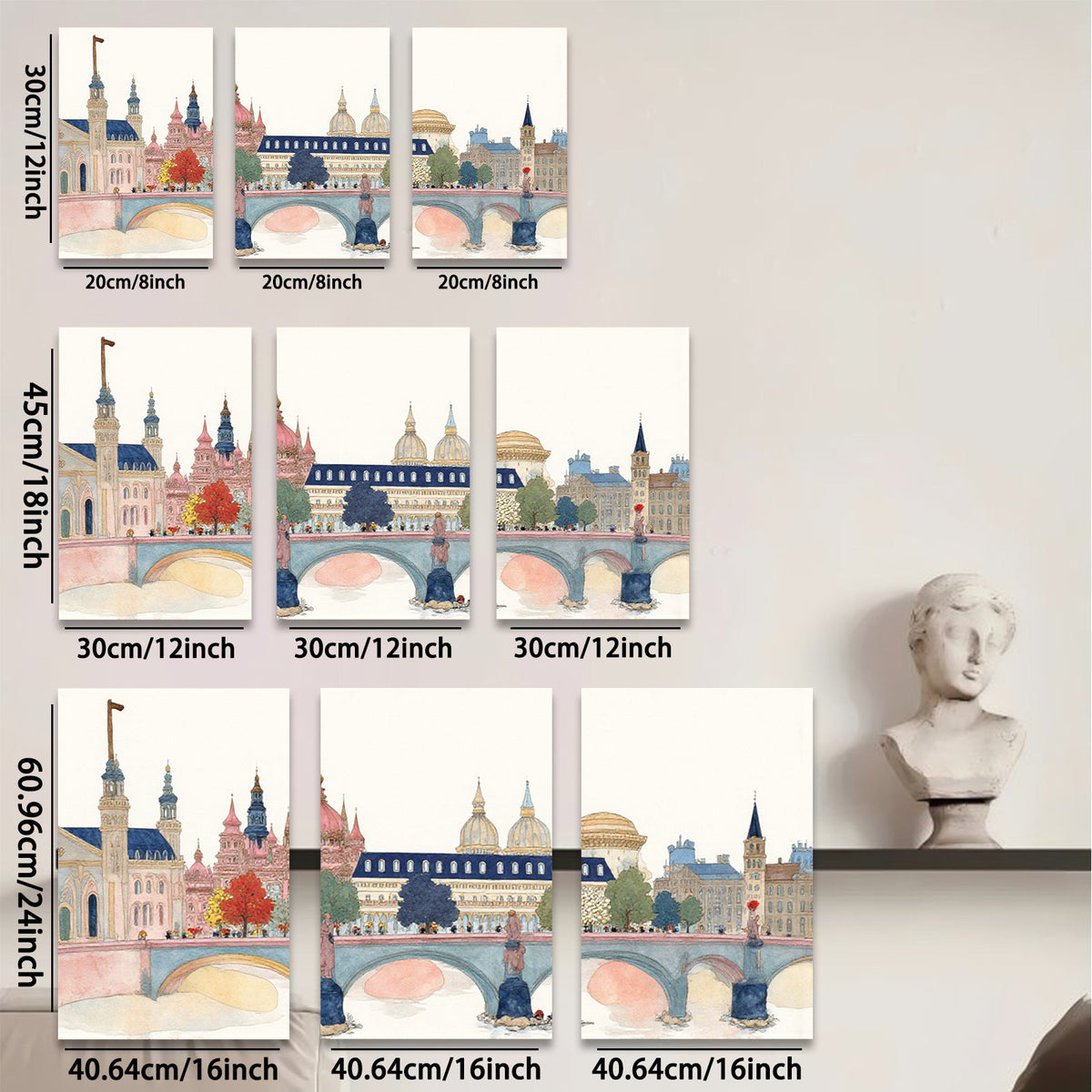 2D flat 1pc Paris Pont Neuf cityscape wall art for living room bedroom office modern farmhouse gallery wrapped canvas prints ready to hang botanical floral