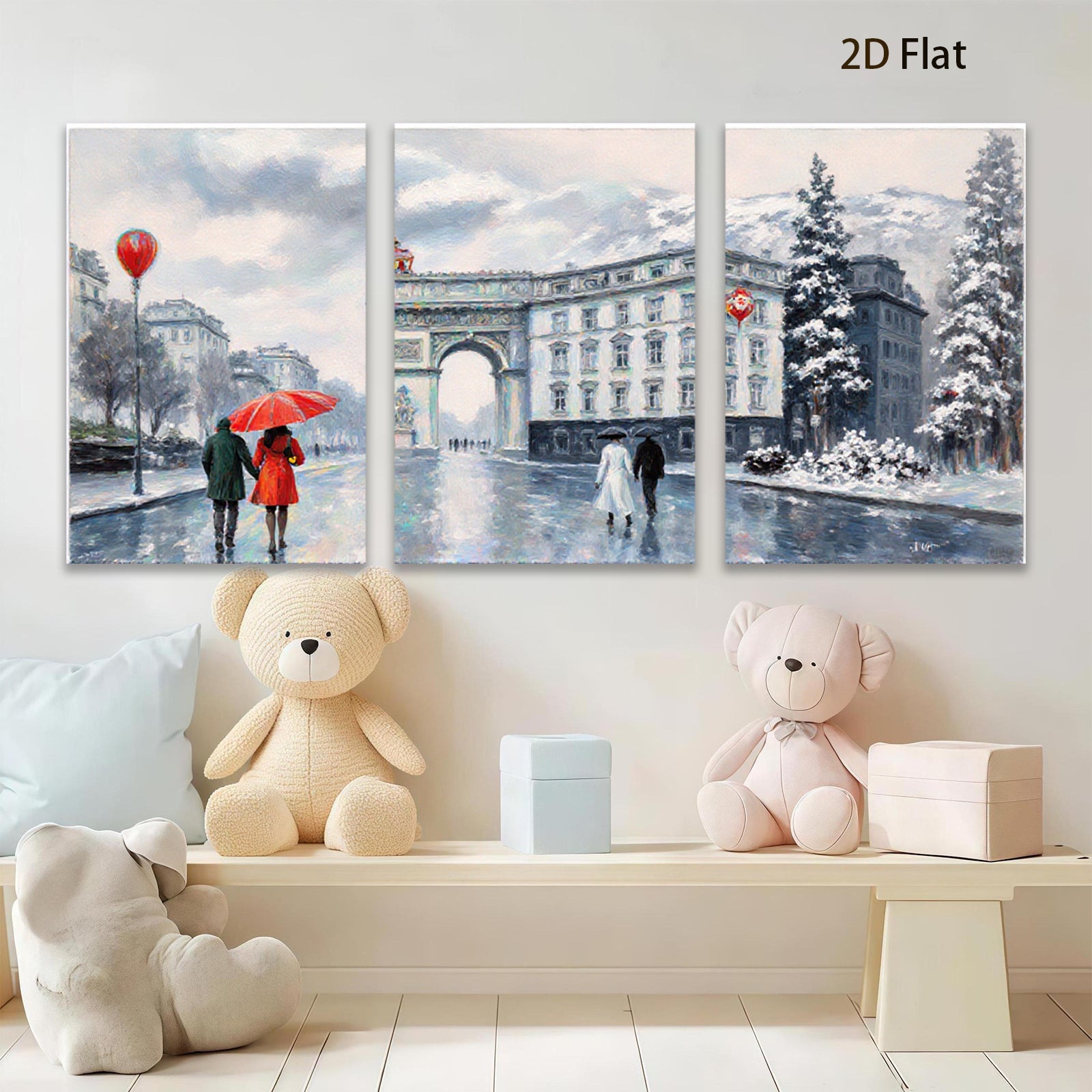 2D flat 1pc Paris Street Rainy Day Winter Scene Wall Art Canvas Prints for Living Room Bedroom Home Decor Modern Farmhouse Style Gallery Wrapped