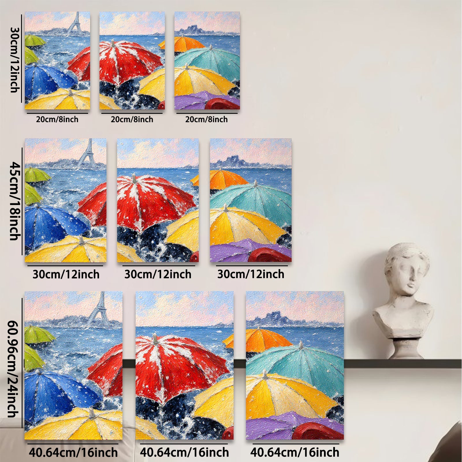 2D flat 1pc Parisian Rain Umbrellas Vibrant Cityscape Wall Art Living Room Bedroom Home Decor Modern Farmhouse Style Canvas Prints Ready to Hang
