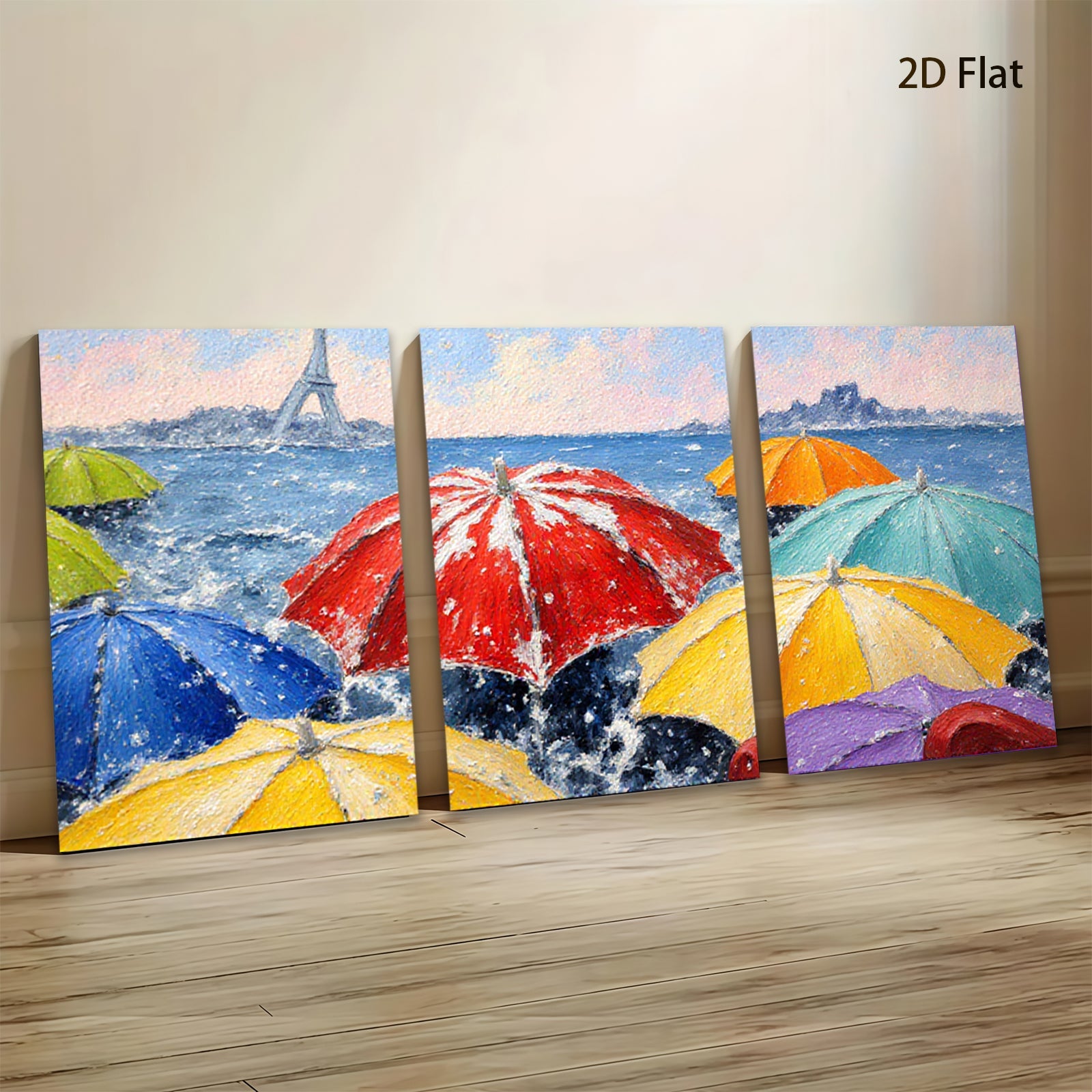 2D flat 1pc Parisian Rain Umbrellas Vibrant Cityscape Wall Art Living Room Bedroom Home Decor Modern Farmhouse Style Canvas Prints Ready to Hang