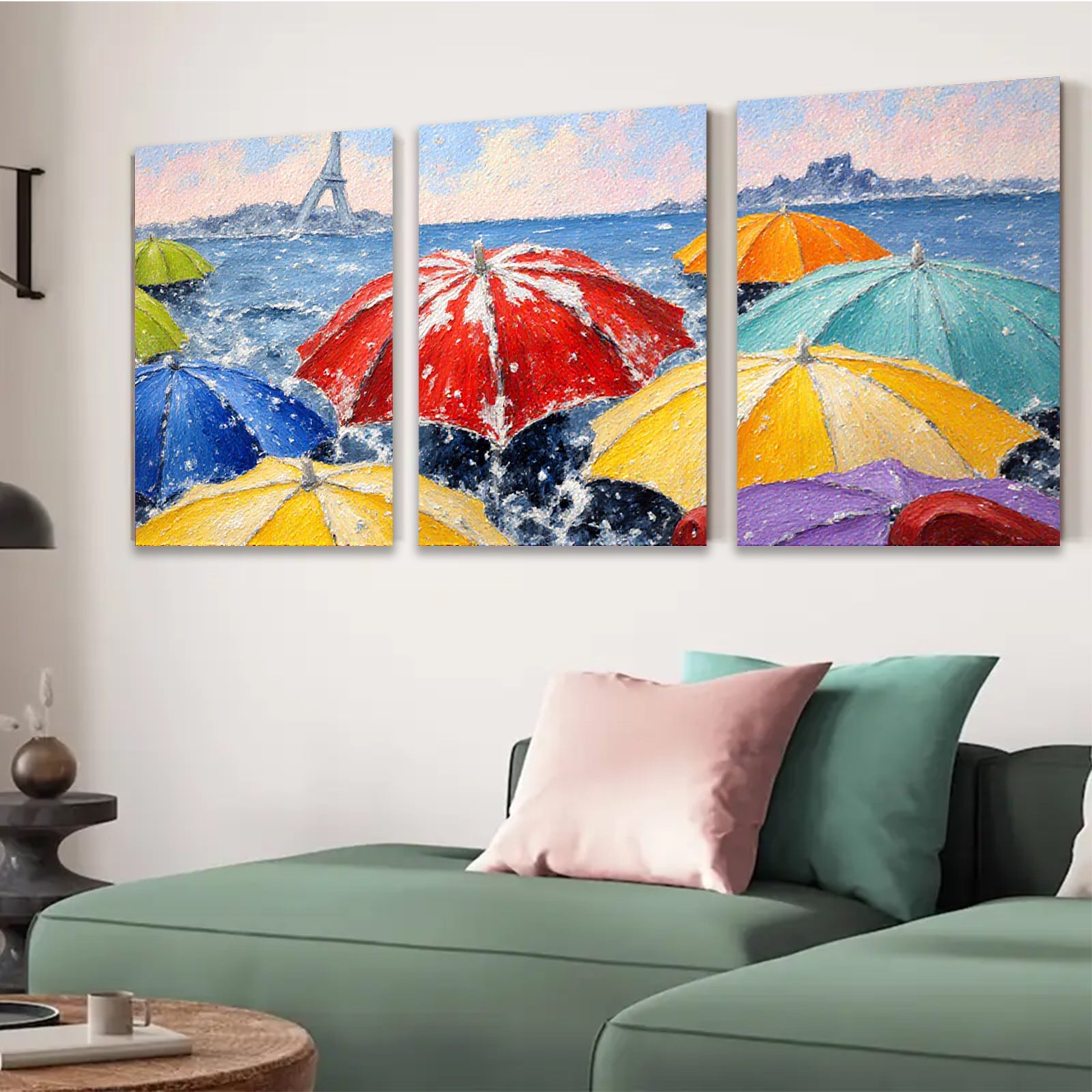 2D flat 1pc Parisian Rain Umbrellas Vibrant Cityscape Wall Art Living Room Bedroom Home Decor Modern Farmhouse Style Canvas Prints Ready to Hang