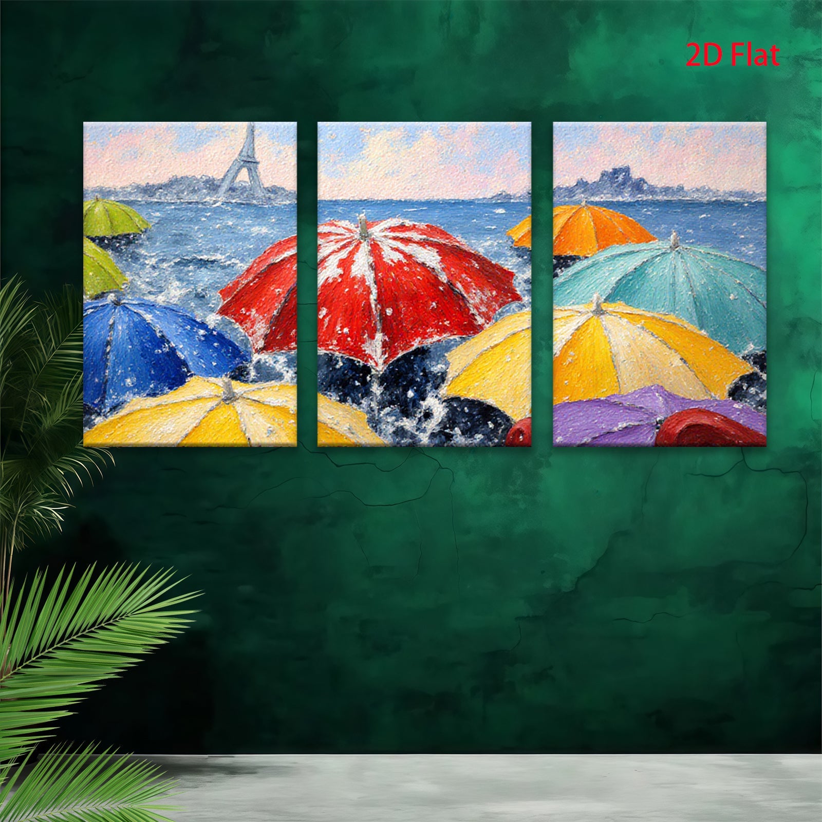 2D flat 1pc Parisian Rain Umbrellas Vibrant Cityscape Wall Art Living Room Bedroom Home Decor Modern Farmhouse Style Canvas Prints Ready to Hang