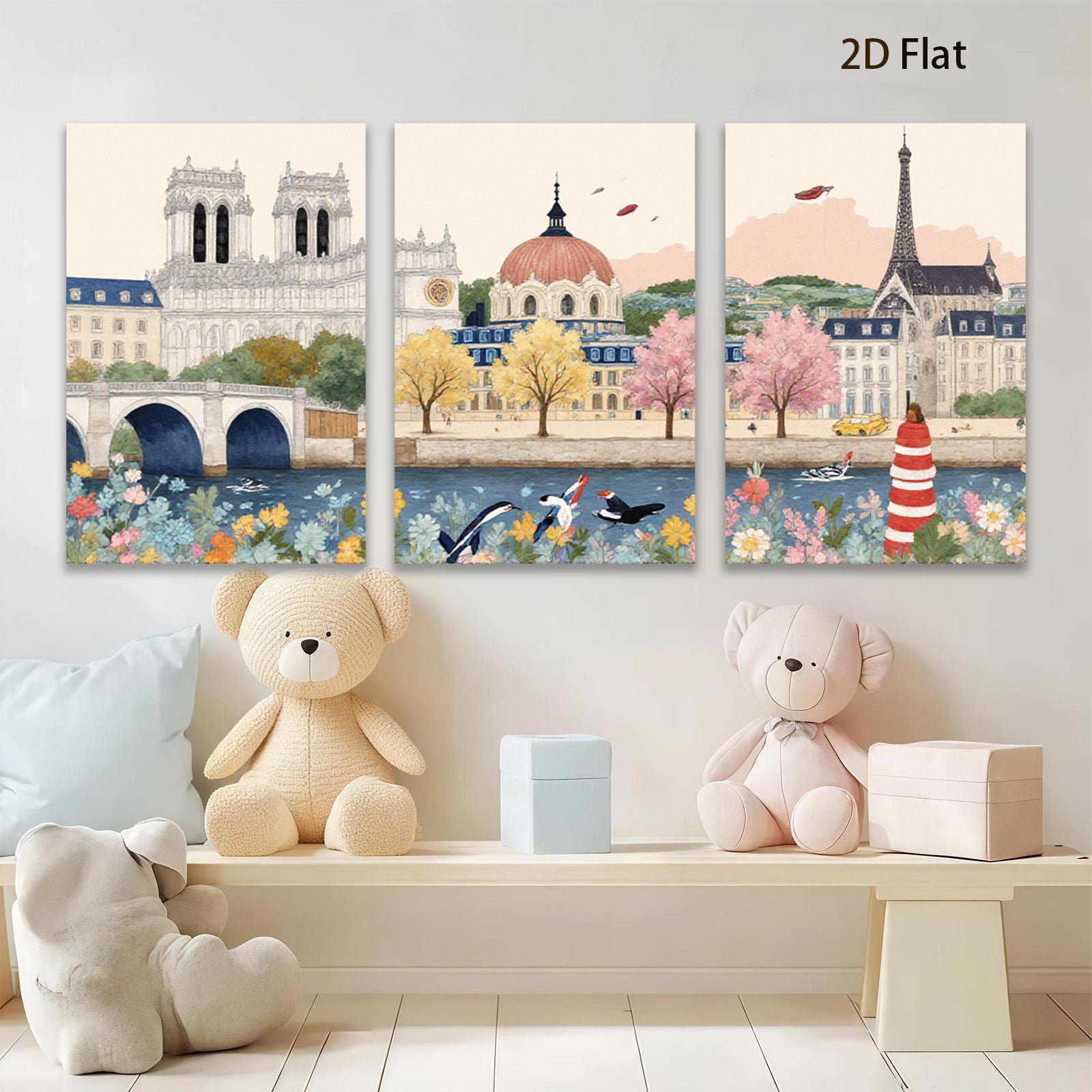 2D flat 1pc Parisian Riverbank Blooms Vivid Cityscape Wall Art Living Room Bedroom Decor Farmhouse Style Modern Gallery Wrapped Canvas Prints