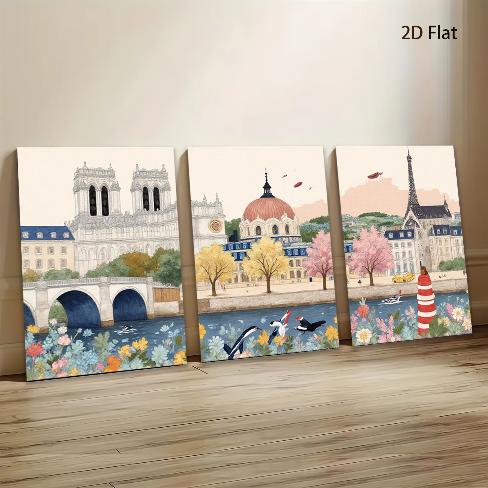 2D flat 1pc Parisian Riverbank Blooms Vivid Cityscape Wall Art Living Room Bedroom Decor Farmhouse Style Modern Gallery Wrapped Canvas Prints