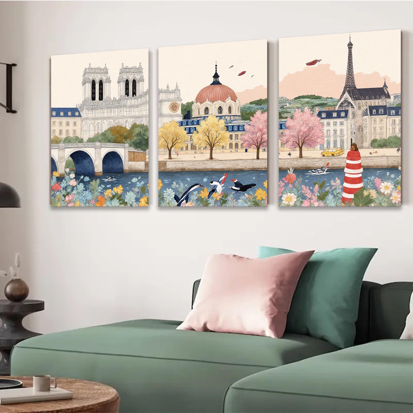 2D flat 1pc Parisian Riverbank Blooms Vivid Cityscape Wall Art Living Room Bedroom Decor Farmhouse Style Modern Gallery Wrapped Canvas Prints