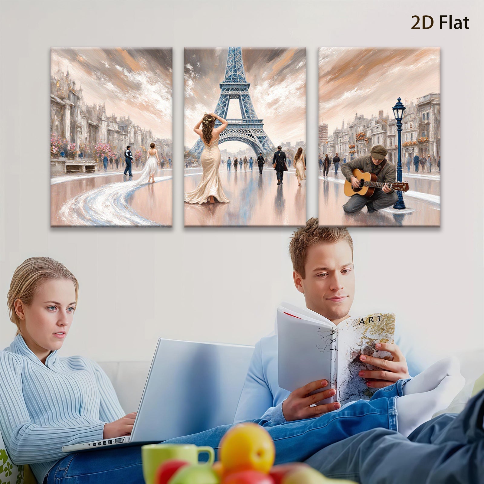 2D flat 1pc Parisian Romance Street Musician Canvas Wall Art for Living Room Bedroom Home Decor Modern Farmhouse Style Gallery Wrapped Ready to Hang