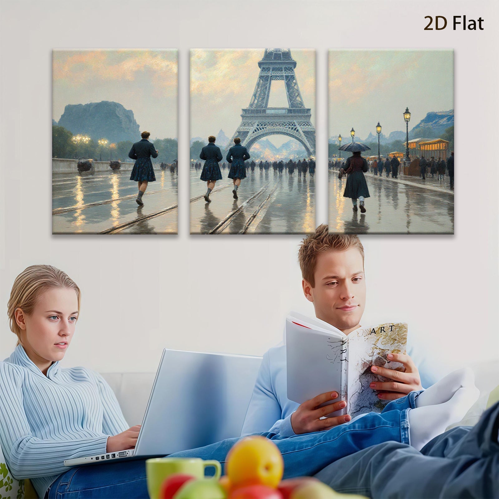 2D flat 1pc Parisian Street Rain Cityscape Wall Art Living Room Bedroom Decor Modern Farmhouse Style Canvas Prints for Home Office Gallery Wrapped Ready to Hang
